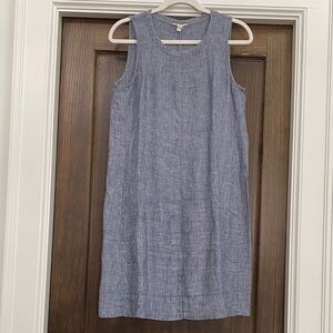 Eileen Fisher Linen Blue Chambray and White Stripe Sleeveless Tank Dress